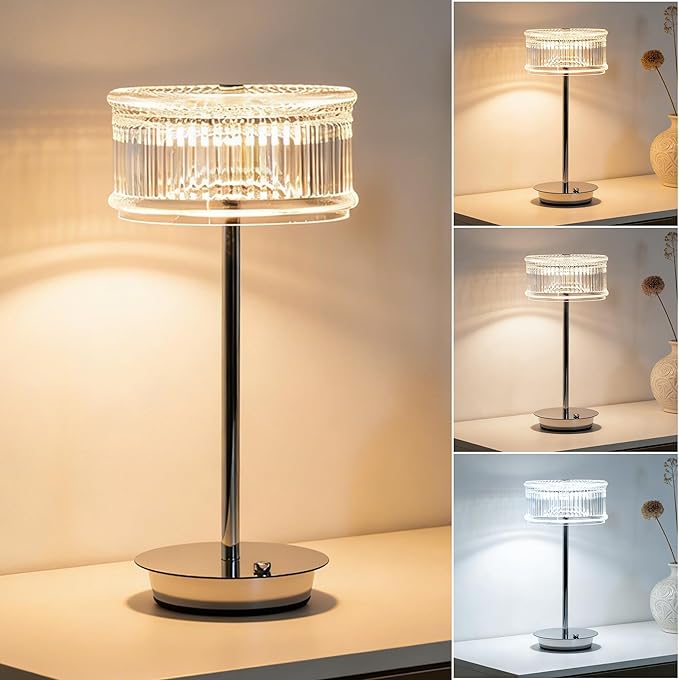 Cordless Table Lamp,LED Desk Lamp Rechargeable Bedside Lamps,3 Colors Dimmable Night Light Portable Touch Lamp,Acrylic Crystal Reading Light for Bedroom Living Room Kitchen Ambient Lighting Home Decor