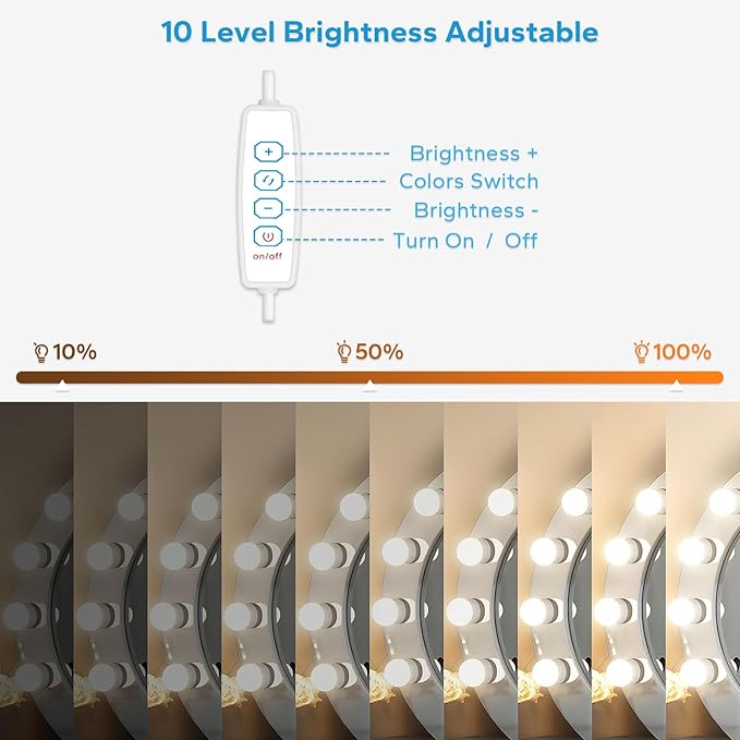 LED Vanity Lights For Mirror, Vanity Lights Stick on with 10 Dimmable Bulbs, 3000K 4000K 6500K & 10 Level Brightness Adjustable, USB Cable, Hollywood Mirror Lights for Makeup Dressing Room Bathroom