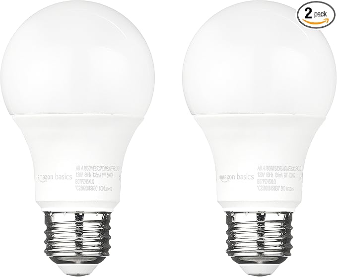 Amazon Basics A19 Dusk to Dawn Sensor LED Outdoor Light Bulb, 60W Equivalent, Energy-Efficient 9W, Daylight 5000K, E26 Base, 10,000 Hours, 2 Count (Pack of 1)