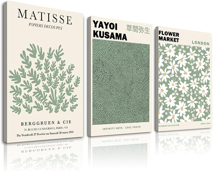 Sage Green Wall Art Framed Set of 3,Abstract Green Wall Decor Flower Market Wall Art Prints,Green Matisse Wall Art Minimalist Modern Wall Decor Living Room,Beige Green Boho Botanical Wall Art for Bedroom Bathroom-"12"x"16"