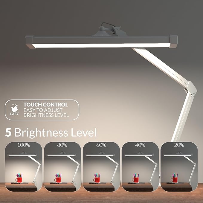 LED Desk Lamp with Clamp, 2300 Lumens, 30W, 24" Wide Shade, 5-Level Dimmable Touch Control Task Lamp, High CRI Flicker-Free Eye Care for Reading Office Crafting Nail Art Workbench (Daylight White)