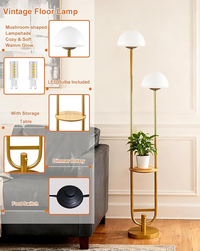 Lightdot 63IN Gold Dimmable Floor Lamp with Table& Mushroom Shades, Modern Mid Century Standing Lamps with Bulbs Included, Unique Vintage Tall Floor Lamp for Living Room/Sofa Beside/Corner Decor