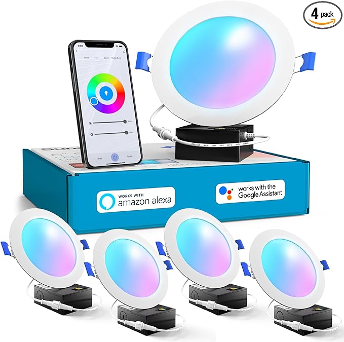 Sunco 4 Pack 6 Inch Smart Ultra Thin LED Recessed Ceiling Lights Slim, RGB+5000K Daylight, Dimmable, 15W, Canless Wafer with Junction Box - ETL.