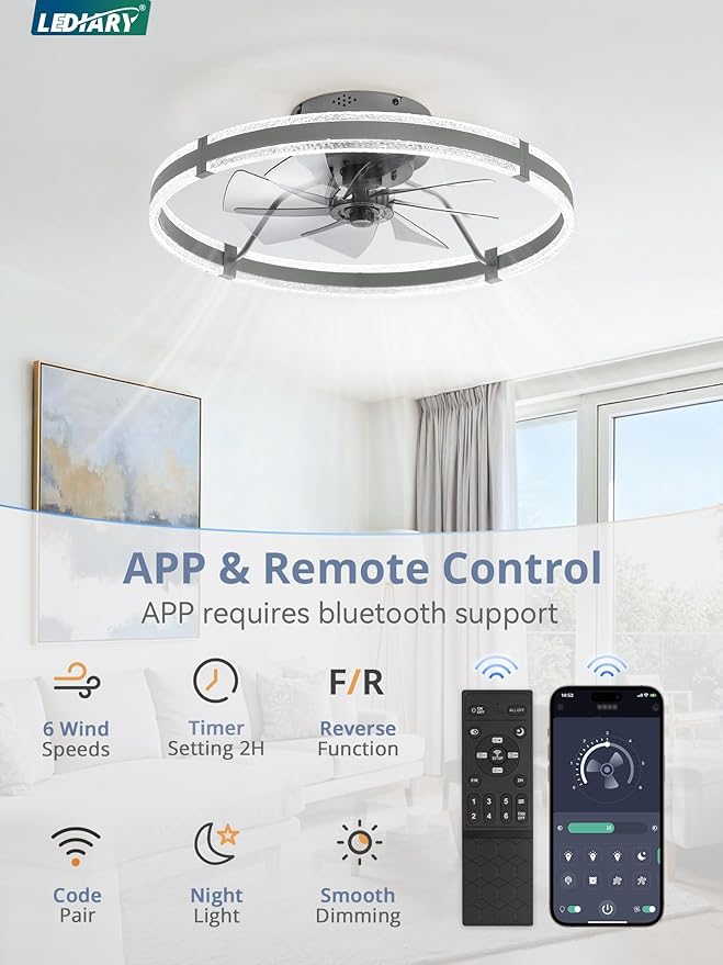 LEDIARY Ceiling Fans with Lights and Remote, 24'' Low Profile Ceiling Fan with Light, 3000-6000K Dimmable Fandelier Ceiling Fans, Modern Flush Mount Fan for Bedroom with 6 Wind Speeds- Sandy Gray