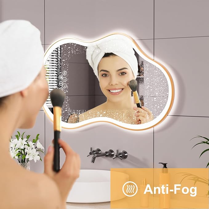 WTTY LED Irregular Bathroom Mirror 24x36 Inch with Front & Back Lights - Asymmetrical Design, Anti-Fog, Dimmable 3 Color Temperatures, Shatterproof Glass, Horizontal or Vertical Mount (Gold Frame)