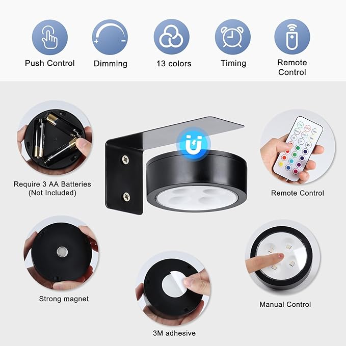 2-Pack Wireless Battery Operated Painting Light with Remote Control,13 Color RGB Magnetic Led Art Display Light for Picture Frame, Dimmable and Timer Painting Light, Wall Decor Black display light
