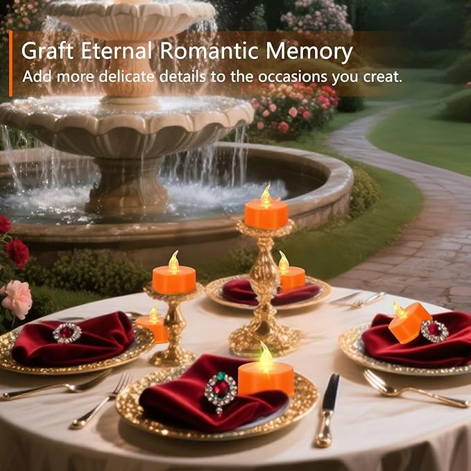 Tea Lights Battery Operated Candles LED Tea Lights Flameless Candles 200+ Hours Flickering Fake Tealights for Sweetest Day Wedding Home Decorations Party (Orange Base, 12 Pack)