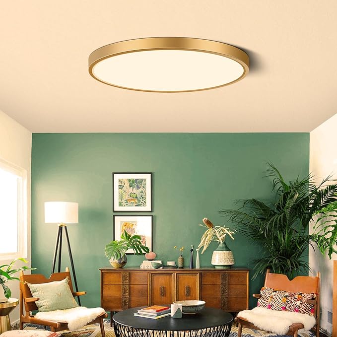 9 Inch LED Flush Mount Ceiling Light Fixture, 3000K Warm White, Low Profile Gold Light Fixture, 18W 1800LM, Round Flat LED Ceiling Light for Closets Bedroom Hallway Stairwells Porch