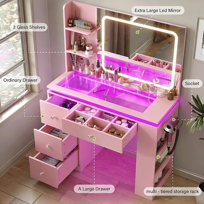 Pink Vanity Desk with Illuminated Mirror & Power Outlet, Bedroom Dresser LED Mirror Stepless Dimmable & 3 Color Modes Adjustable RGB Drawers, for Women Girls Bedroom（Pure Pink
