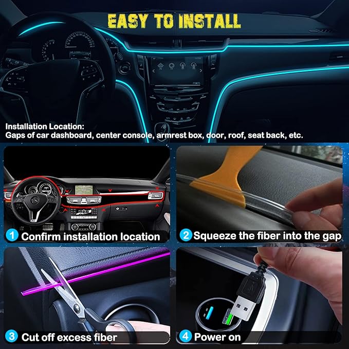 Interior Car LED Strip Lights, RGB USB Car Ambient Lighting with Wireless APP & Remote Control, Car Accessories Fiber Optifc Lights Sync to Music (2 LED/157 inches)