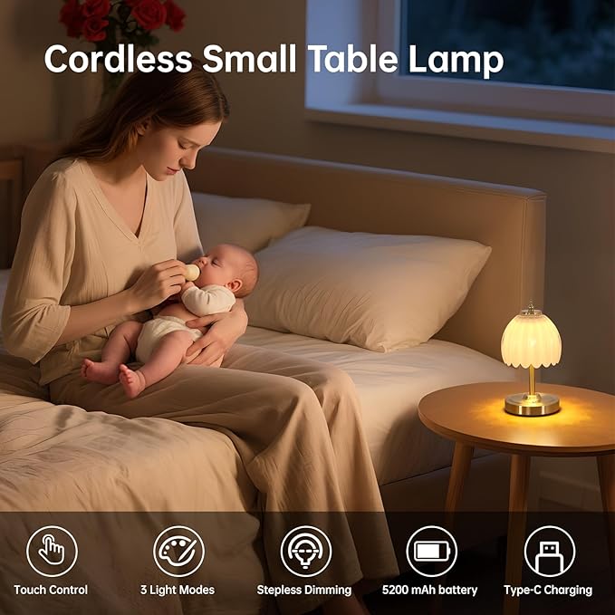 Set of 2 Tulip Table Lamp with 5200mAh Battery & Touch Control, Cordless Small Table Lamp with 3 Colors, Rechargeable Battery Operated Table Lamps for Nightstand, Bedroom (White Tulip)