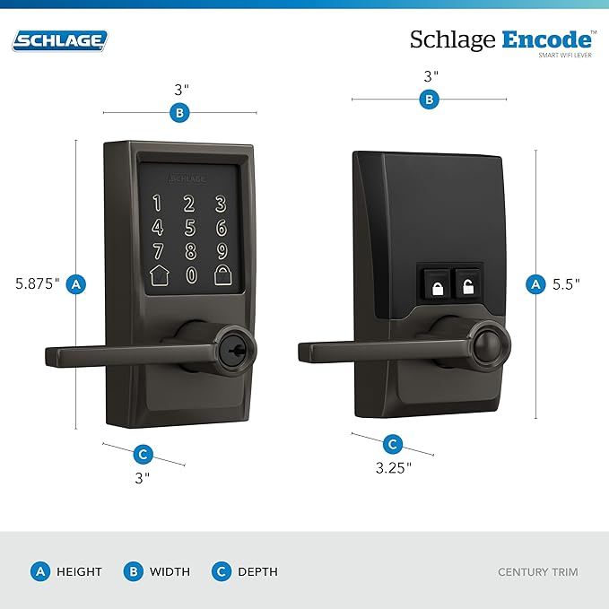 Schlage Encode Smart Wi-Fi Lock with Lever Handle, Touchscreen Keypad, Keyless Entry Door Lock, App Control, Alexa, Google Home and Airbnb Compatible, Black Stainless, FE789WB CEN 530 LAT
