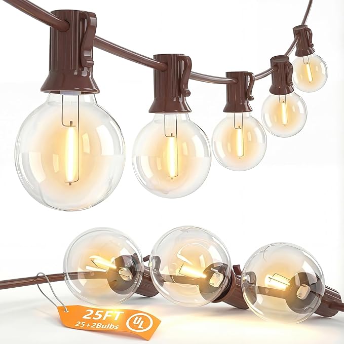SUNSGNE 25FT Brown Outdoor String Lights, Shatterproof LED Globe String Lights with 25 G40 LED Bulbs, Waterproof Connectable Hanging Light for Backyard Patio Porch Balcony Party Decor, E12 Base