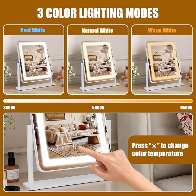 Rechargeable Vanity Mirror with Lights, 3000mAH Battery, 15"×12.2" LED Makeup Mirror, 10X Magnification, Smart Touch with 3-Color Lighting, 360° Rotation, Lighted Up for Makeup Desk, Bedroom (White)
