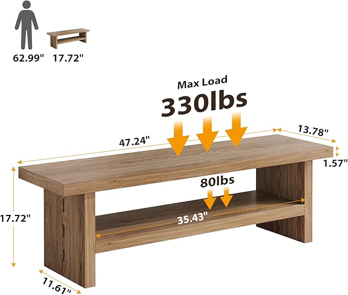 2 Tier Entryway Bench, 47.24" Shoe Bench, Rustic Shoe Rack, Wooden Storage Bench for Entryway Hallway Living Room Bedroom, Easy Assembly, Oak Color