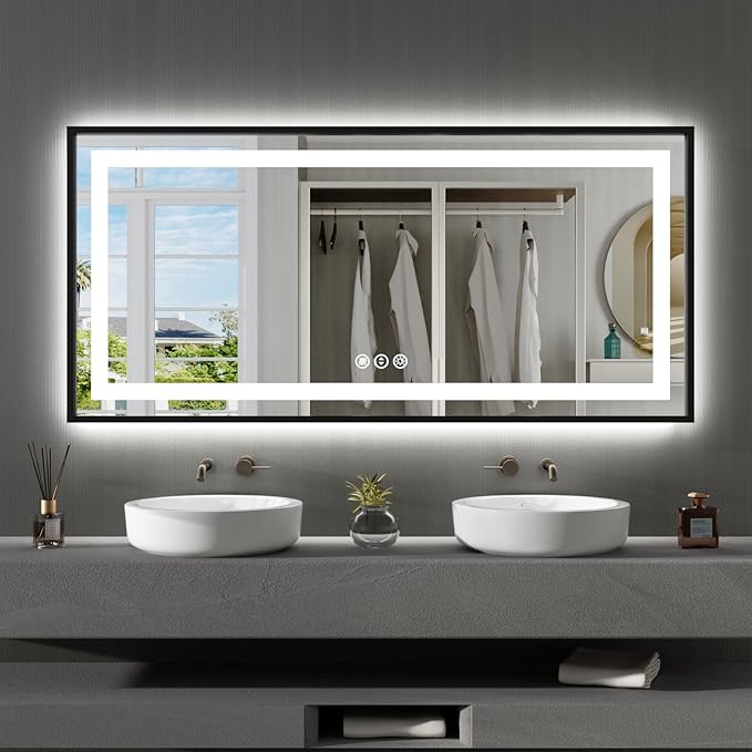 Amorho LED Mirror for Bathroom, 60"x 28" Front Light and Backlit, Black Framed, Stepless Dimmable, Anti-Fog, Shatter-Proof, Memory, 3 Colors, Double LED Vanity Mirror