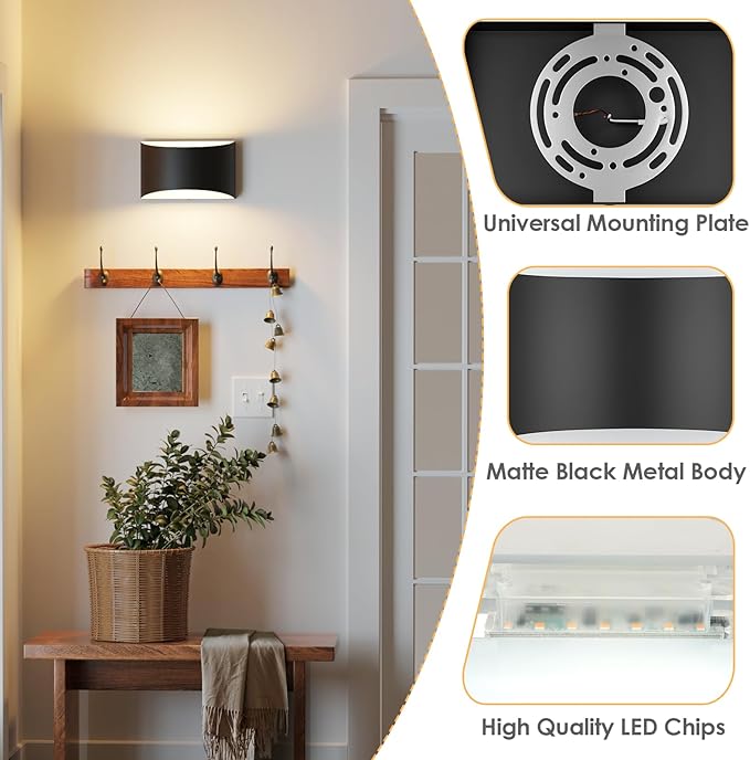 FOLKSMATE Modern LED Wall Sconces, 3000K Warm White Hardwired Wall Lights Set of 2, 10W Up and Down Wall Mount Light, Matte Black Indoor Sconces Wall Lighting