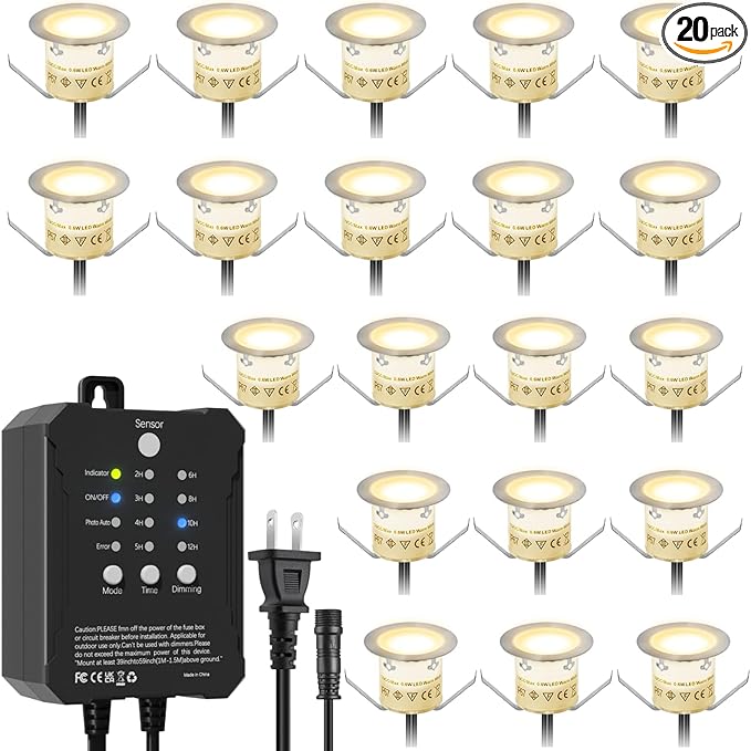 20 Pack Dimmable Recessed Deck Stair Lighting All-in-one with Timer Photocell Sensor Transformer Low Voltage LED Step Riser Lights IP67 Waterproof φ1.26 12V Warm White Patio Kit Decorations