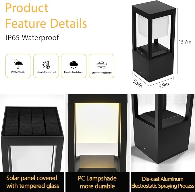 Solar Floor Lamp Outdoor Waterpoorf, Modern Die-cast Aluminum Led Lanterns for Patio Porch, Bollard Landscape Lighting for Garden Yard Walkway, Remote Control, 3CCT, Dusk to Dawn (4 Pack)
