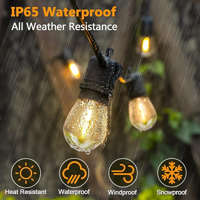 LED Outdoor String Lights, 150FT Waterproof Patio Light with Remote & 48 Shatterproof Dimmable S14 Edison Bulbs(3 Spare), 3 Modes 2 Timer Outside Garden Lighting for Balcony, Porch, Party, Christmas