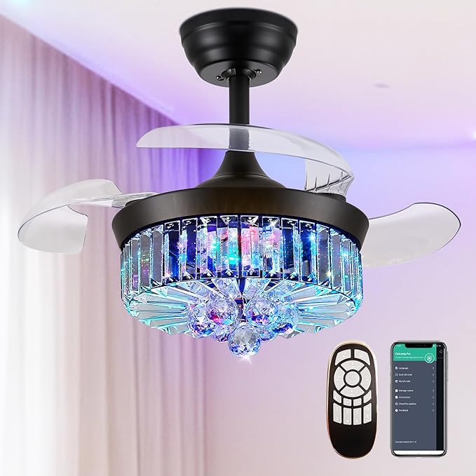 30" RGB Fandelier Ceiling Fan with Light, Retractable Crystal Chandelier Fan LED Dimmable Ceiling Fan and Remote APP Control for Living Room Dining Room Bedroom Black
