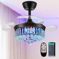 30" RGB Fandelier Ceiling Fan with Light, Retractable Crystal Chandelier Fan LED Dimmable Ceiling Fan and Remote APP Control for Living Room Dining Room Bedroom Black