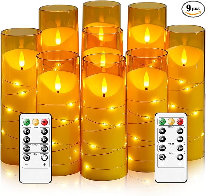 Flameless Candles with Embedded Star String, Battery Operated LED Pillar Candles with Timer and Remote Control,Home Decorating for Ambiance， Set of 9 (Gold)