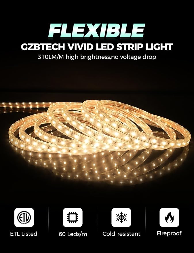 GZBtech AC 110-120V LED Strip Lighting 16.4FT/5M, 2800K Warm White IP65 Waterproof Outdoor Strip Lights, 60LEDs/M SMD2835 Cuttable & Connectable LED Rope Light for Indoor Outside Exterior, ETL Listed