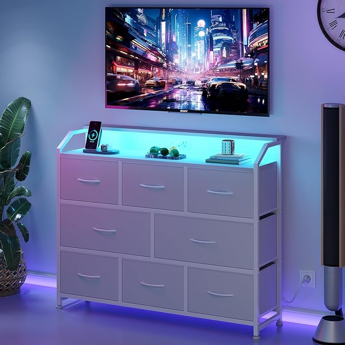DUMOS TV Stand Dresser with 8 Fabric Drawers, 8-Drawer Chest of Drawers with APP Control LED Lights and Type-C Charging Station, Fabric Storage Tower TV Stand for Living Room, White