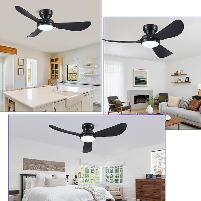 46 Inch Flush Mount Ceiling Fan with Light, 3 Reversible Blades, Remote & APP Control, 3 CCT Dimmable for Bedroom Living Room, Black