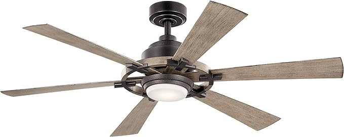 Kichler 52 Inch Gentry Lite LED Ceiling Fan and Etched Cased Opal Glass in Anvil Iron with Distressed Antique Grey Blades,Satin Black/Silver