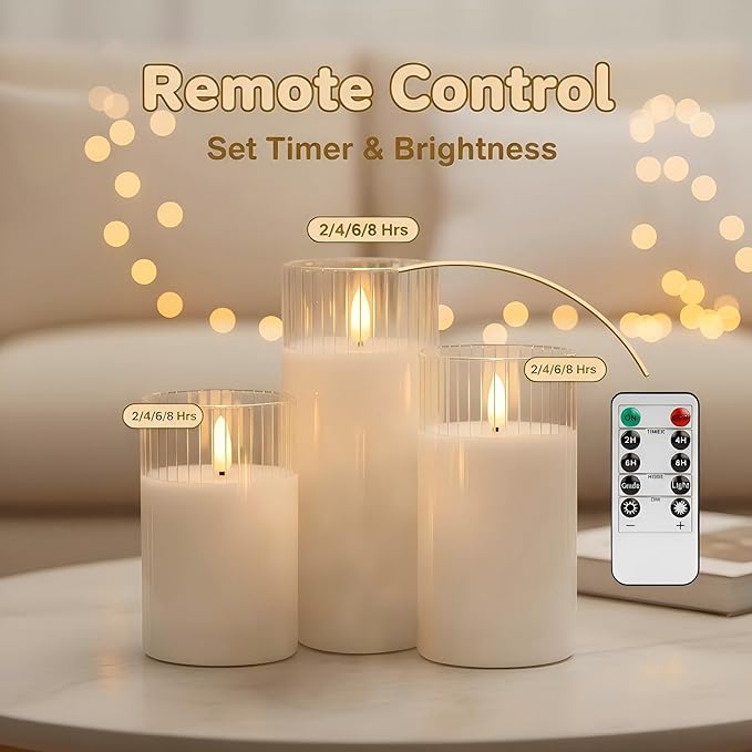 ANGELLOONG White Flameless Candles with Timer, Glass Flickering LED Candle with Remote, Set of 3 Battery Operated Pillar Candles for Bathroom Bathtub Home Decor Wedding Birthday Decoration