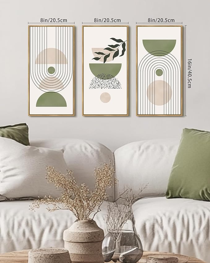KUVIOKE Boho Wall Art Green Botanical Leaf Artwork Sage Framed Wall Decor for Bathroom 8x16in3pcs Natural Framed