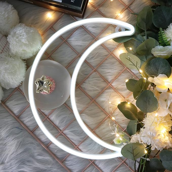 LED Cool White Moon Neon Light, Cute Neon Moon Sign,Christmas Room Decor Battery or USB Powered 5V Art LED Decorative Lights Night Lights Indoor for Home, Bedroom, Office,Dorm,Party (Cool White Moon)