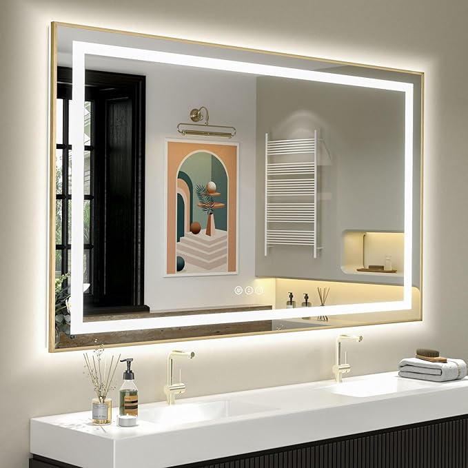 OKPAL Gold LED Bathroom Mirror with Lights, 50x36 Frontlit & Backlit Lighted Bathroom Mirror, LED Vanity Framed Mirror, Anti-Fog, Dimmable, 3 Colors, Shatterproof, ETL Listed