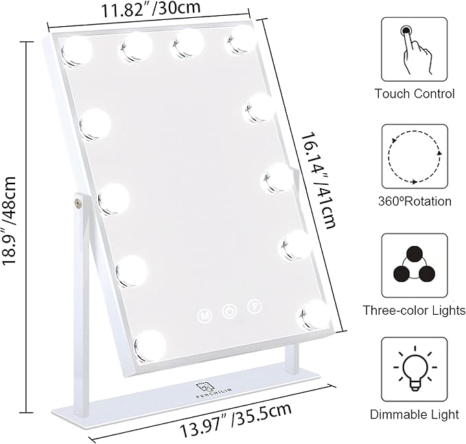 FENCHILIN Lighted Vanity Makeup Mirror with Lights Hollywood Mirror Desk Mirror with Bulbs Light Smart Touch Control 3Colors Dimmable Light Detachable 10X Magnification 360°Rotation