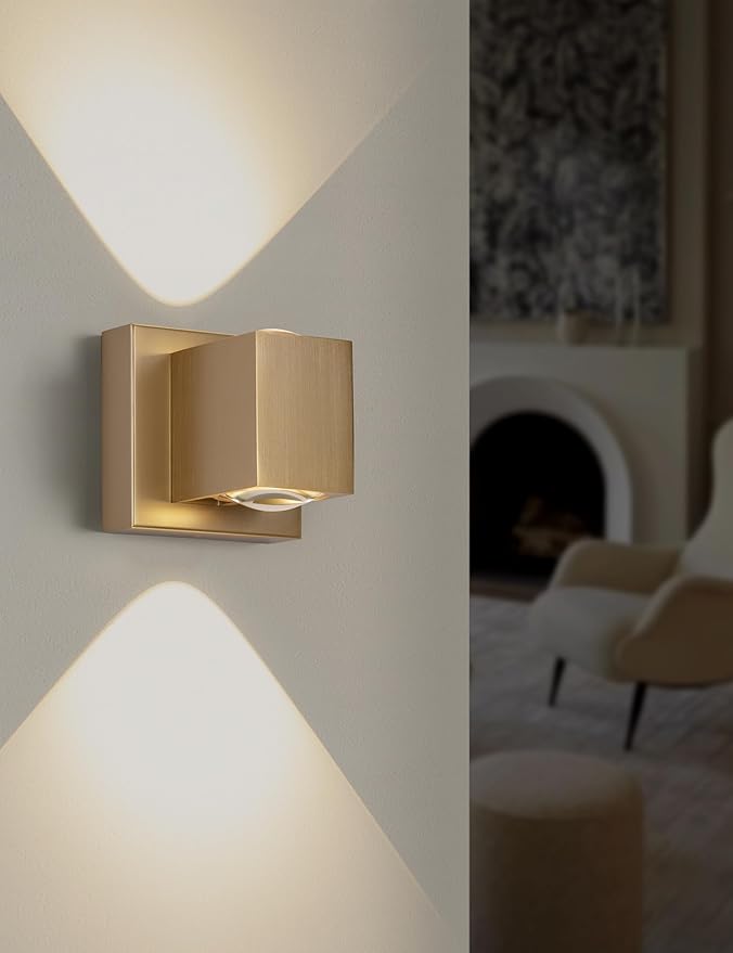 Tubicen Wall Sconce Up Down Indoor Dimmable Home Theater Sconces Lighting Square Hardwired 10W Bright Modern Up and Down Wall Lights for Living Room Hallway Stairway Gold