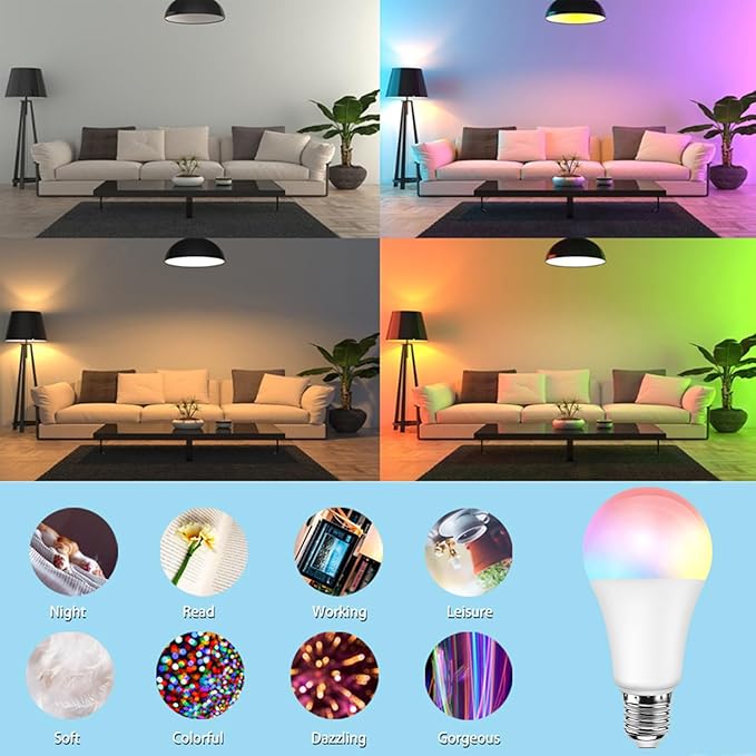 Color Changing Light Bulb with Remote, RGB Light Bulbs 9W A19 6500K White E27/E26, Memory,16 Color Choices Multicolor Dimmable LED Light Bulb 40W Equivalent for Party Bedroom Home - 4 Pack