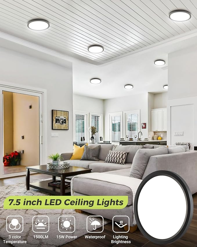 6PACK LED Flush Mount Ceiling Light, 3CCT Selectable 3000K-4000K-6500K & 100W Equivalent Disc Closet Ceiling Light Fixture 7Inch 15W 1500Lm for Bathroom Hallway Bedroom Kitchen Basement(NOT-Dimmable)