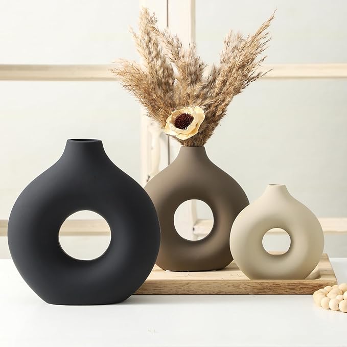 Ceramic Vase Home Table Decor - Flower Vases Set of 3 Small Living Room Centerpiece Decorations for Shelf Bedroom Office Kitchen Dining Desk Modern Aesthetic Farmhouse Decorative (Classic)