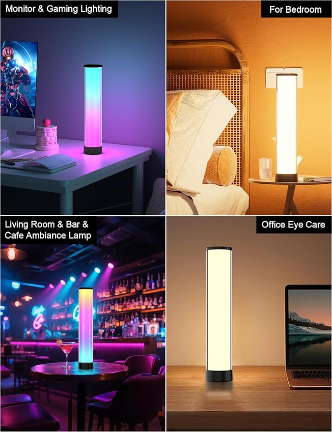 Rechargeable Table Lamp, RGB IC LED Light Bar, 1500 Lumens, APP & Remote Control Bedside Table Lamp with Music Sync, Color Changing Ambient Lighting for Bedside Table Desk Monitor Gaming Black