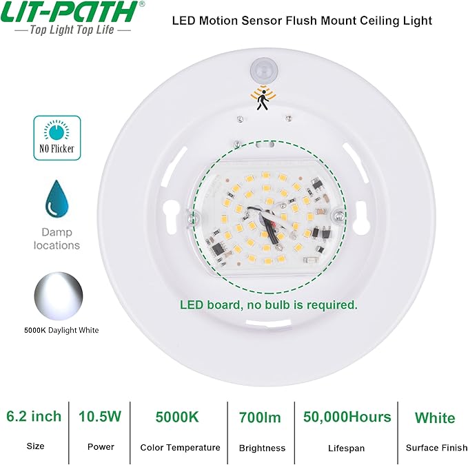 LIT-PaTH LED Flush Mount Ceiling Light, Closet Lighting Fixture with Motion Sensor, 10.5W, 700 Lumen, 6.2 Inch, Anti-Rust Galvanized Housing, White Finish 5000K 2-Pack