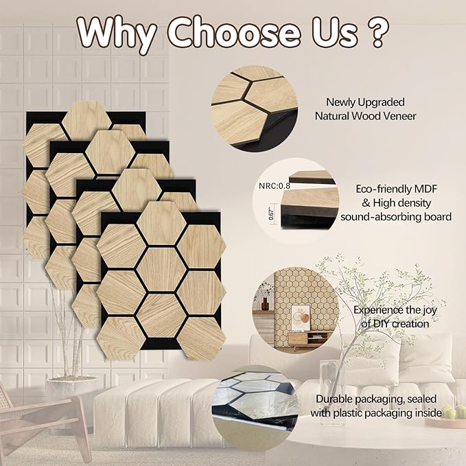 ARMURO Hexagon Wall Panels - 4 PCS Wood Panels for Wall - Natural Oak Wood Veneer Hexagon Sound Panels - Sound Absorbing Panels for Walls and Ceiling (23.8" W x 29" L)