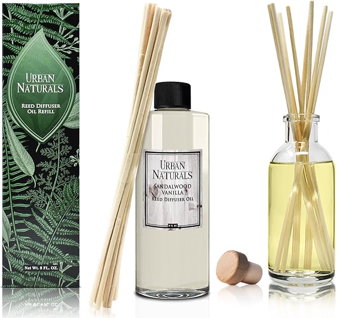 Urban Naturals Reed Diffuser Oil Refill Sandalwood Vanilla with Tahitian Vanilla, Bourbon Notes 8 oz + Free Reed Sticks, Made in the USA