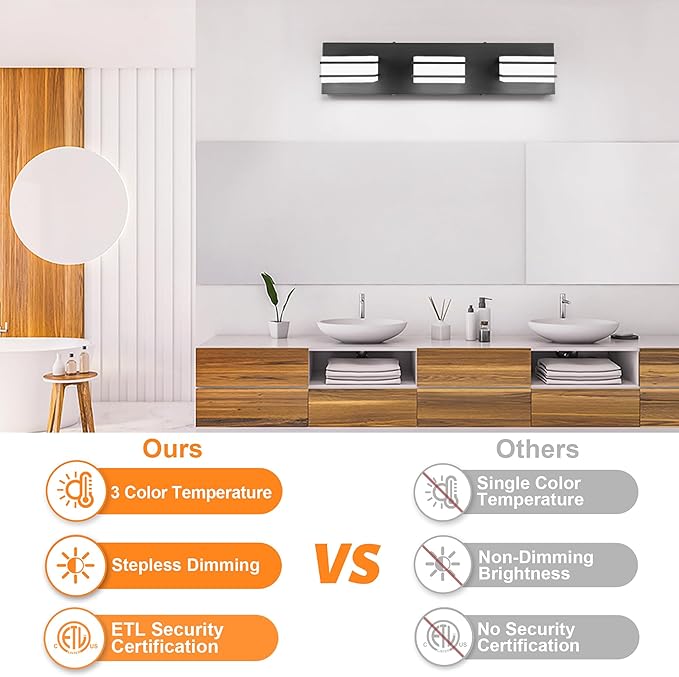3 Color Temperature Dimmable Bathroom Light Fixtures Over Mirror, LED Black 3 Light Vanity Lighting Fixtures, Acrylic Stainless Steel Square Shade Vanity Lights for Bathroom, ETL Certificated