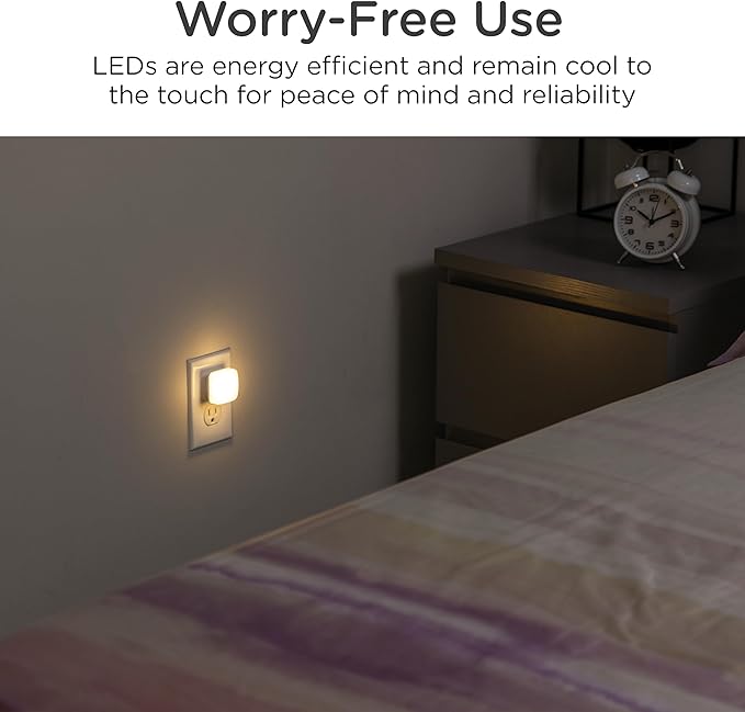 Lights by Night Mini Square LED Night Light, Plug in, Dusk to Dawn Sensor, Warm 3000K, Compact Single Outlet Design (Doesn’t Block 2nd Outlet), Ambient Lighting, Bedroom, Bathroom, 2-Pack, 82488