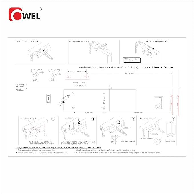 OWEL - Automatic Adjustable Door Closer for Residential/Commercial use, Heavy Duty with Slim Look, with Bracket & Easy Installation (Deluxe VE200)