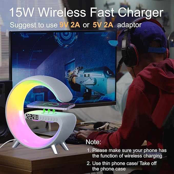 Table Lamp with Wireless Charger, Atmosphere Lamp with White Noise, Smart Light Sound Machine, Bluetooth Speaker with Alarm Clock, App Control Night Light Lamp for Bedroom【Large G ‎NH-69】