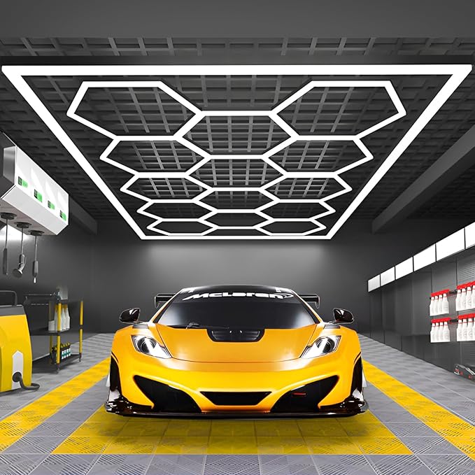 Large Hexagon Garage Lights 14 Hex Led Lights with Rectangle Frame Octagon Honeycomb Commercial Lighting for Garage Car Detailing Barber Shop Gym Warehouses Basement.