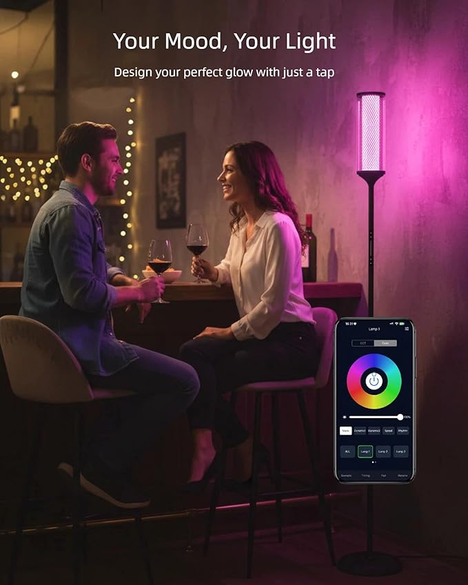 JOOFO RGB Smart Floor Lamp with Remote and Touch Control, Color Changing LED Standing Lamp with Music Sync and Dimming for Bedroom and Living Room